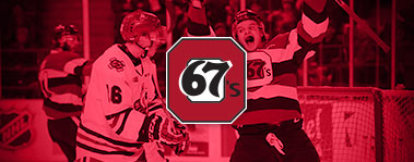 Promotional image of 67's players celebrating a goal with the 67's logo