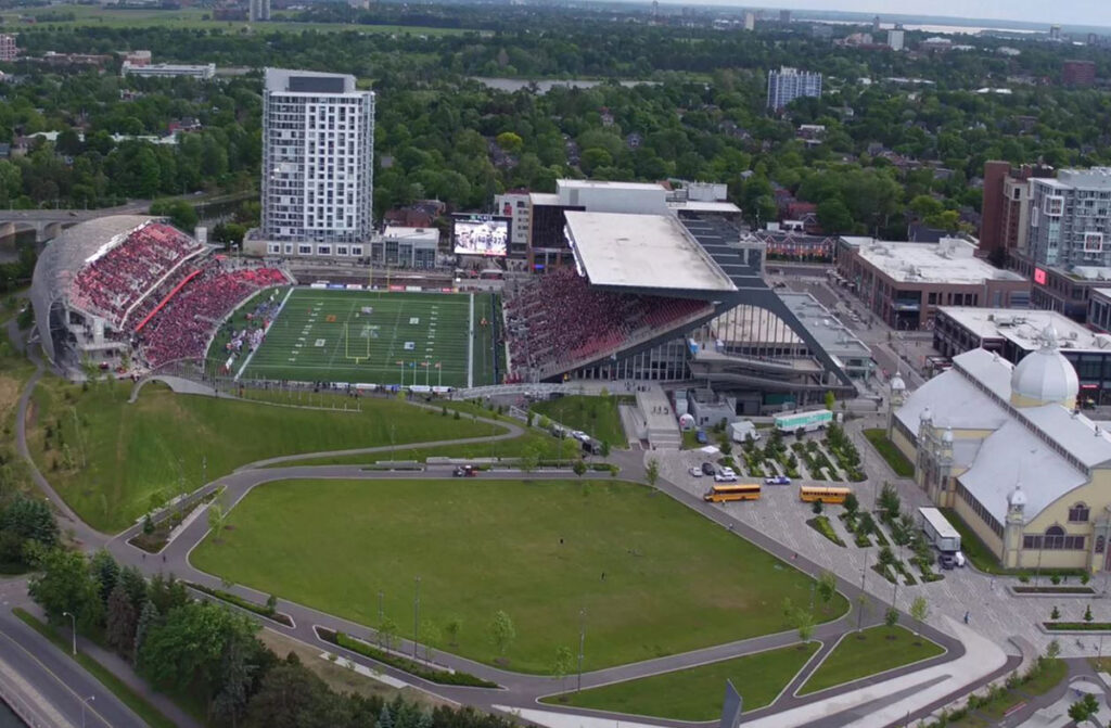 Arial drone shot of Lansdowne Park from the East Canal side