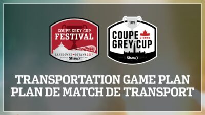 Graphic Image with the Grey Cup 105 and the Grey Cup Festival Logos promoting the Transportation plan