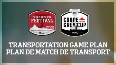 Graphic Image with the Grey Cup 105 and the Grey Cup Festival Logos promoting the Transportation plan