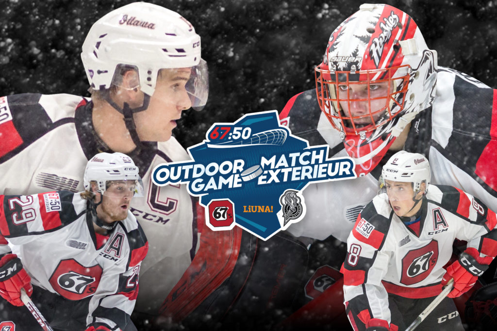 Image of 67's players with the Outdoor game logo