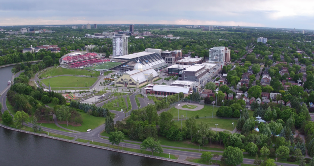 Aerial image of TD Place from the northeast Queen Elizabeth Rd side
