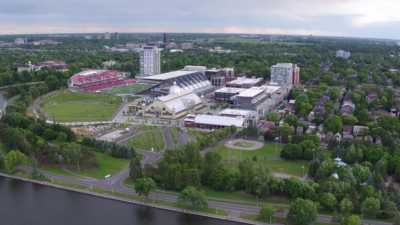 Aerial image of TD Place from the northeast Queen Elizabeth Rd side