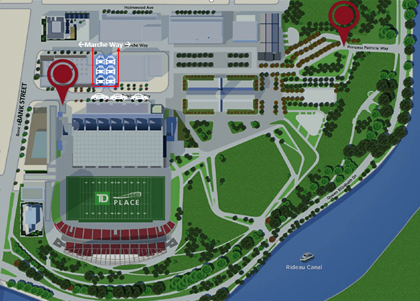 Aerial graphic image map of TD Place identifying pckup and dropoff areas
