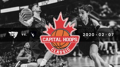 Image of basketball players promoting Capital Hoops Classic between Carleton U and Ottawa U