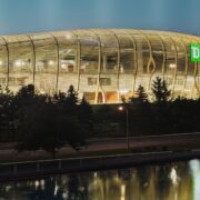 Image of the veil on the South side stands from the Rideau Canal showing the TD Place