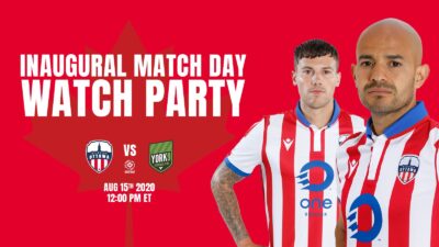 Graphic image of 2 Atlético players promoting the Inaugural Match Day Watch Party