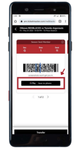 mobile phone with ticketmaster screen